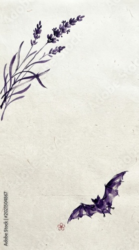 Lavender plant with purple bat illustration on textured background showcasing nature's beauty and calming vibes. This artwork combines lavender and bat elements for seasonal themes.
