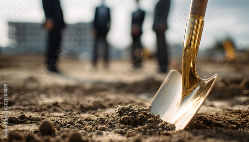 Golden shovels in dirt mark new construction. Businessmen in suits attend the groundbreaking ceremony. The future building development project starts now. Real estate investment begins.