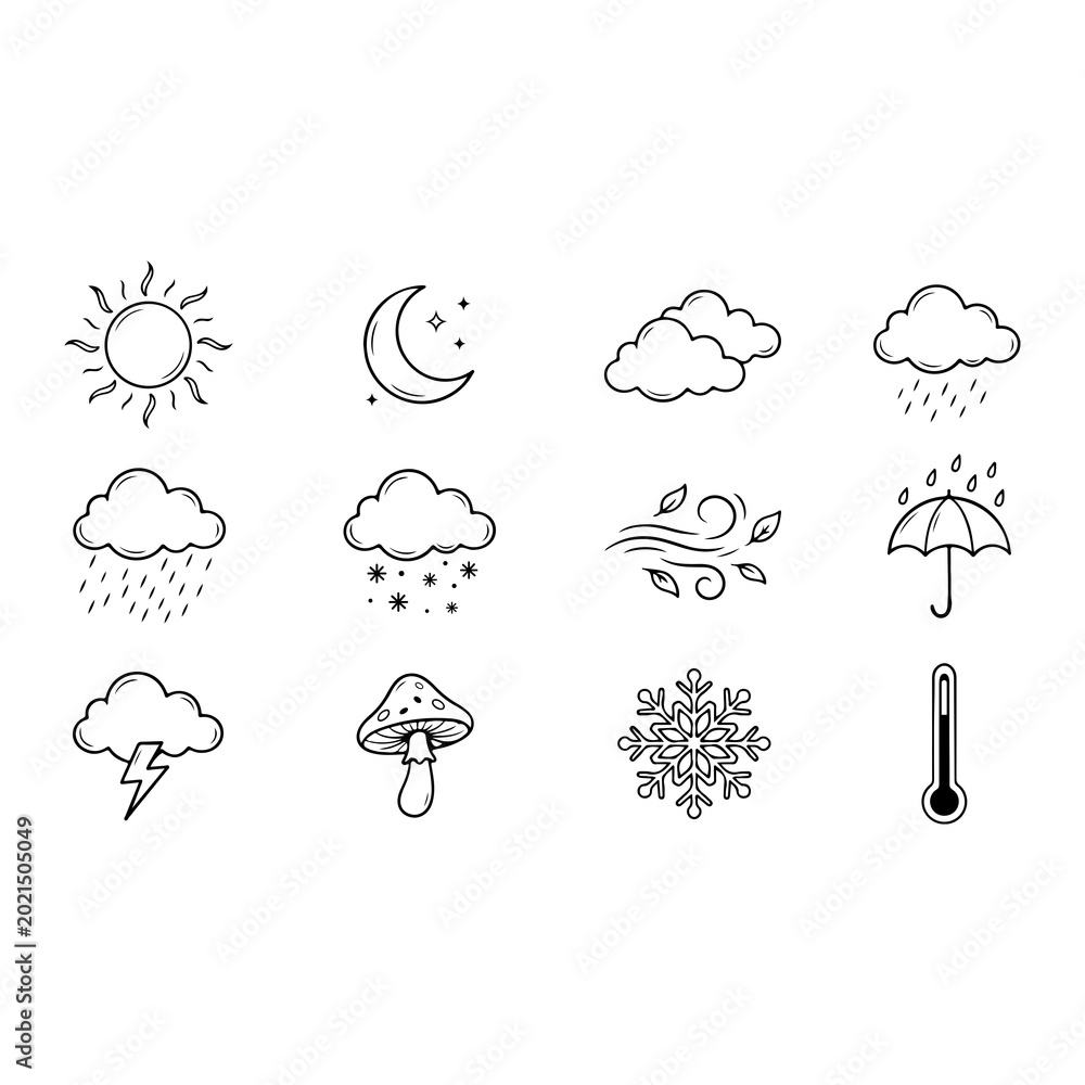 Obraz premium Weather icons set sun moon rain snow and temperature line art
