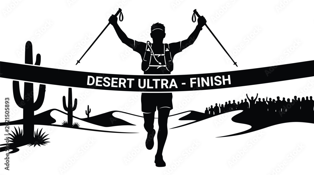 Obraz premium Black and white desert ultra marathon runner crossing finish line with cactus and crowd illustration isolated on white background
