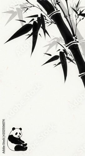Panda sitting beside bamboo on white background in minimalistic style. Panda interacts with bamboo, displaying a serene connection to nature.
