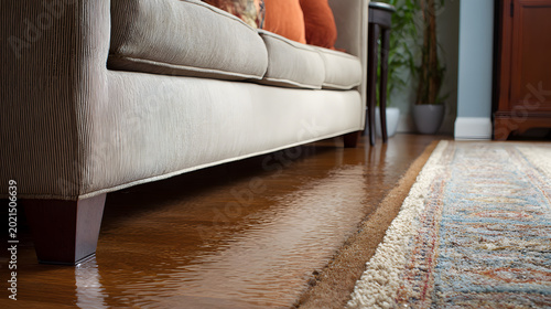 Carpet edges and hardwood floors with standing water near the sofa illustrate indoor water damage and the need for restoration.