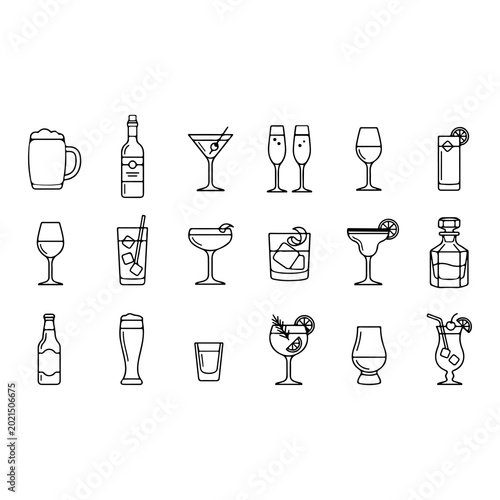 Drinkware collection line art icons for cocktails wine and beverages
