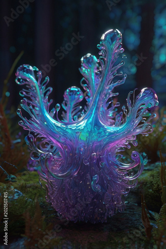 Glowing Bioluminescent Coral Abstract Underwater Fantasy Illustration in Neon Blue and Purple