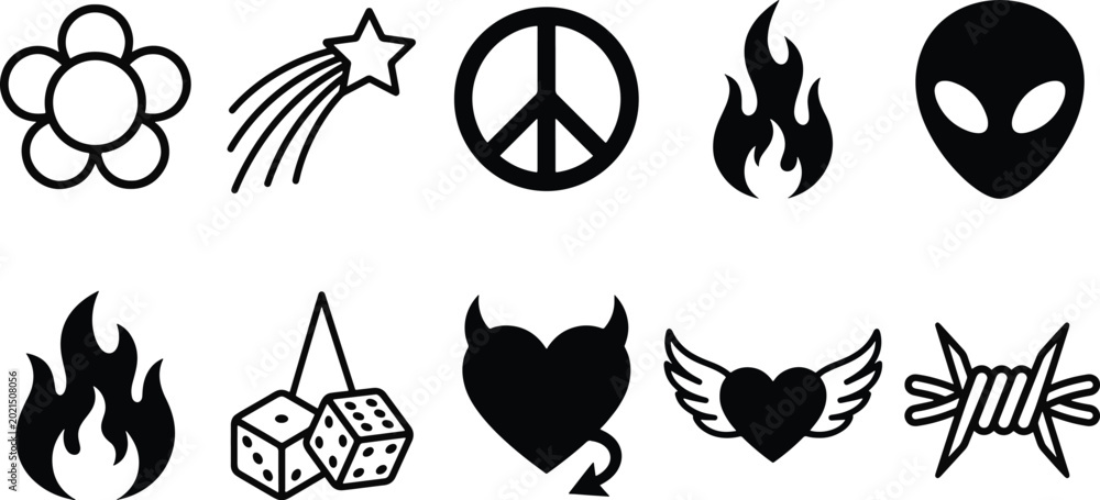 Fototapeta premium Set of minimalist Y2K aesthetic icons featuring flame hearts barbed wire and alien symbols for modern streetwear graphic design vector illustration