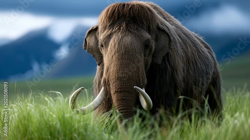 Mammoths Roaming in a Green Landscape With Mountains in the Background
