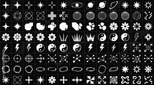 Fotografie Y2K retro futuristic vector shapes elements set with cyber punk stars chrome gri