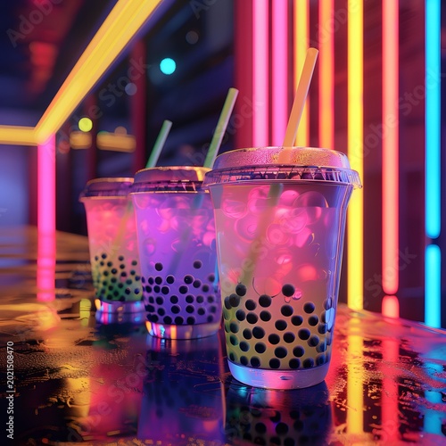 bubble tea boba different colorful flavors in Plastic Cups on Neon Background