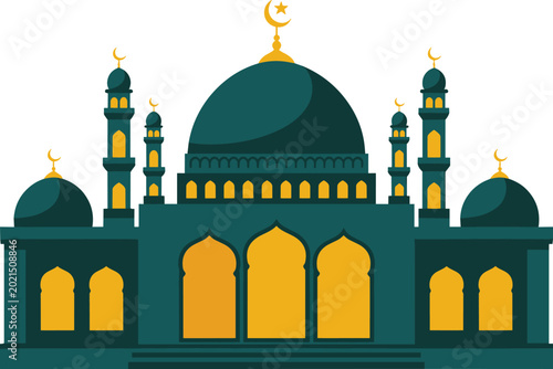 Bild auf Leinwand Flat design teal and gold Islamic mosque with crescent moon and star on dome bui