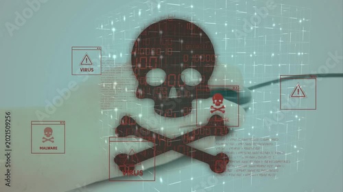 Hand clicking wired mouse, activating skull motif flickering and alerts pulsing, signaling threat