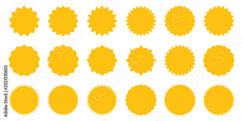 Collection of yellow sunburst shapes and starburst labels for sales isolated on transparent background