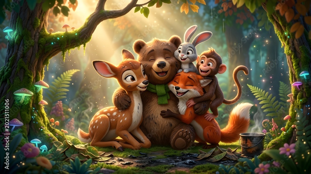 Obraz premium Cute cartoon animals in a happy forest scene