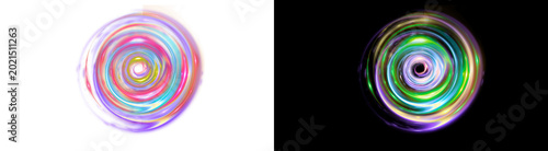 PNG image of Abstract glowing spiral light effect, colorful neon vortex motion design, vibrant energy swirl with luminous trails, futuristic circular portal element isolated on Transparent