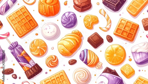 Cartoon candies, waffles, and chocolates on a white background, repeating pattern