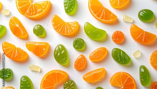 Gummy citrus and leaf candies scattered on a white surface, bright and cheerful