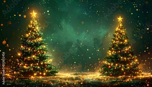 Two glowing Christmas trees against a green, starry background