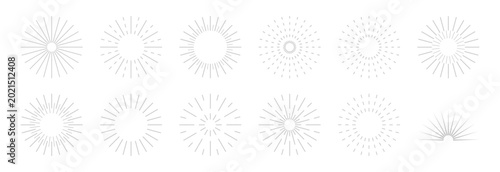 Set of twelve gray sunburst and radiant starburst isolated on transparent background