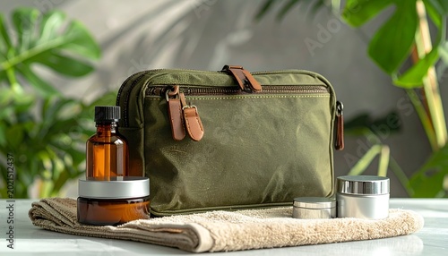 Olive toiletry bag with skincare on towel, against a leafy plant backdrop