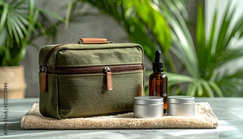 Grooming kit, oil bottle, tins on towel against plants