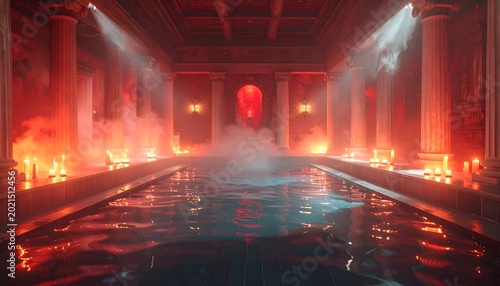 Ornate pool room with columns, candles, and smoke under moody, red lighting