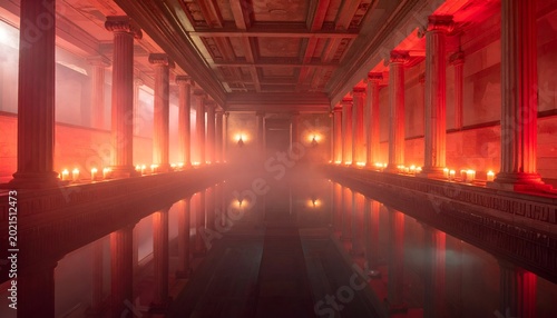 Red-lit, fog-filled classical hall with pool and columns lined with candles