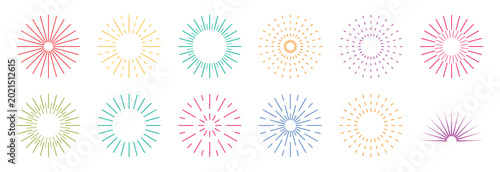 Set of twelve multicolored sunburst and radiant starburst isolated on transparent background