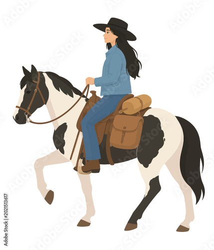 Fotografi Cowgirl riding pinto horse with saddle bags exploring outdoors
