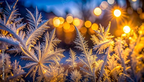 Frost crystals on glass with blurred lights creates a magical winter scene