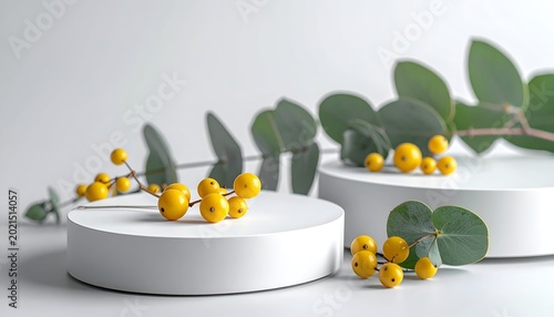 White platforms showcase yellow berries & green leaves against a bright white backdrop