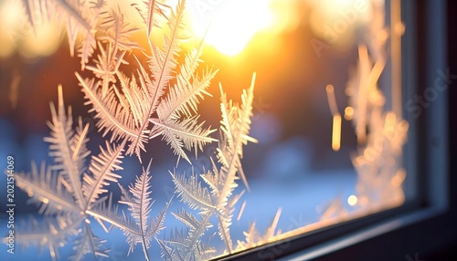 Intricate frost patterns on glass, sunlight warmly glowing in blurred background