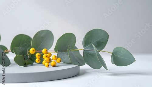 Eucalyptus sprig with yellow berries on a gray platform, against a pale background