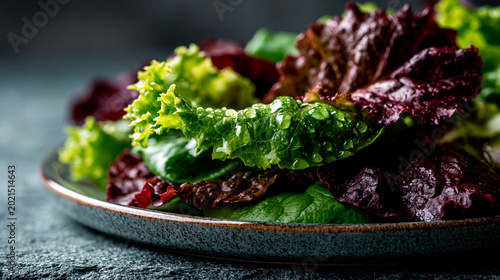 Fresh mixed lettuce leaves with water droplets on plate, healthy organic salad greens closeup