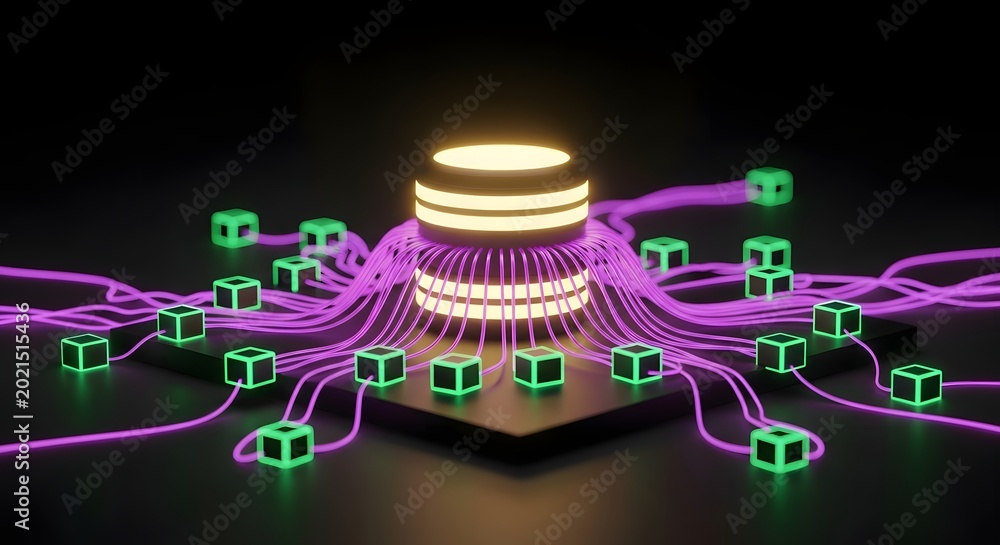 Fototapeta premium 3D Render of Futuristic Microchip with Glowing Neural Network Connections