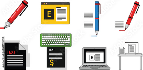 Tableau sur toile Content Creation and Writing Tools Icon Set Featuring Pen, Keyboard, Laptop, Doc