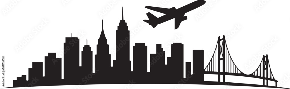 Fototapeta premium Black silhouette of a city skyline with a plane flying overhead and a bridge on the right isolated on white background