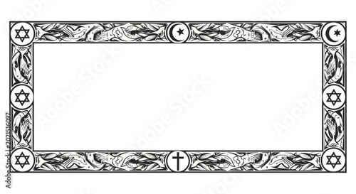 Принти на полотні Religious Symbols Frame Border - Interfaith Harmony, Unity, Peace
