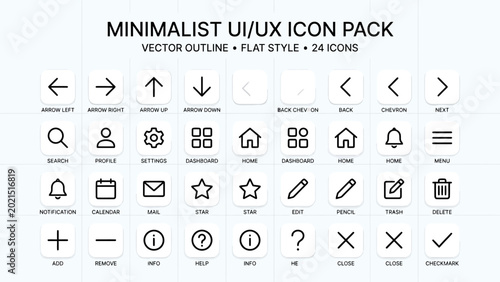 Minimalist UI/UX icon pack featuring 24 vector outline icons in a flat style for web and app interfaces, including navigation, settings, and user actions.