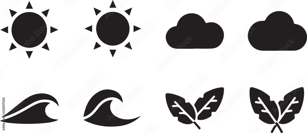 Fototapeta premium Natural Weather & Eco Symbol Vector Set Minimal Sun Cloud Wave and Leaf Icon Collection
