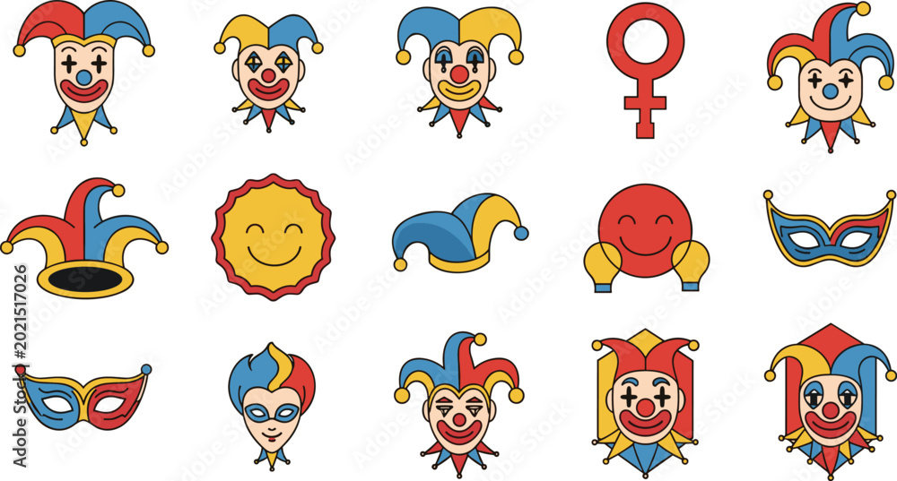 Obraz premium Jester Clown and Carnival Mask Vector Icon Set on White Background