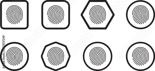 Set of fingerprint icons in different geometric shapes, collection of biometric security signs, vector illustration
