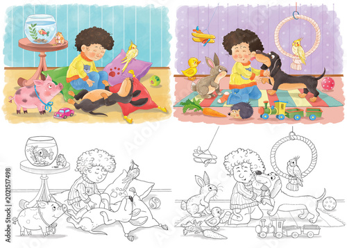 Favorite pets. Cute kids playing with their pets. Set of illustrations. Coloring page. Cute and funny cartoon characters
