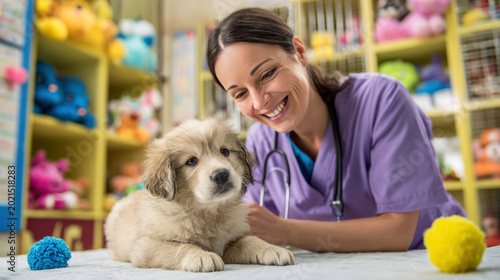 Female veterinarian in purple scrubs examines a fluffy puppy on a table, colorful toys and plush animals visible in the background of a veterinary clinic