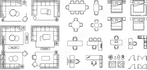 Architecture furniture icons in top view for apartment floorplan and office interior design