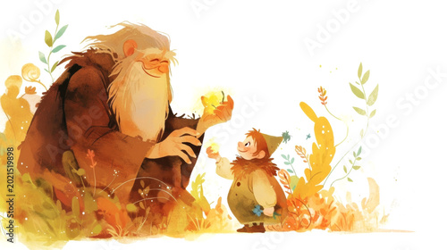 Illustration of a friendly giant with a long beard sharing a glowing orb with a small child in a colorful, whimsical forest setting filled with plants and flowers