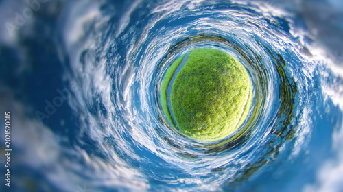 Aerial view of a spherical landscape featuring lush green grass and a vibrant blue sky with swirling clouds, creating a unique panoramic effect of nature