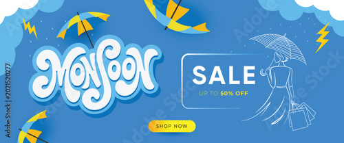 Εκτύπωση καμβά Monsoon Sale Banner Design Template With Umbrellas