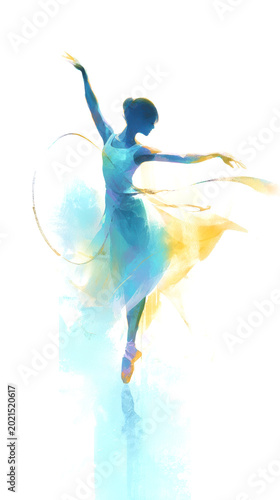 Abstract illustration of a female ballet dancer performing with a hoop, showcasing fluid movements and vibrant colors against a white background