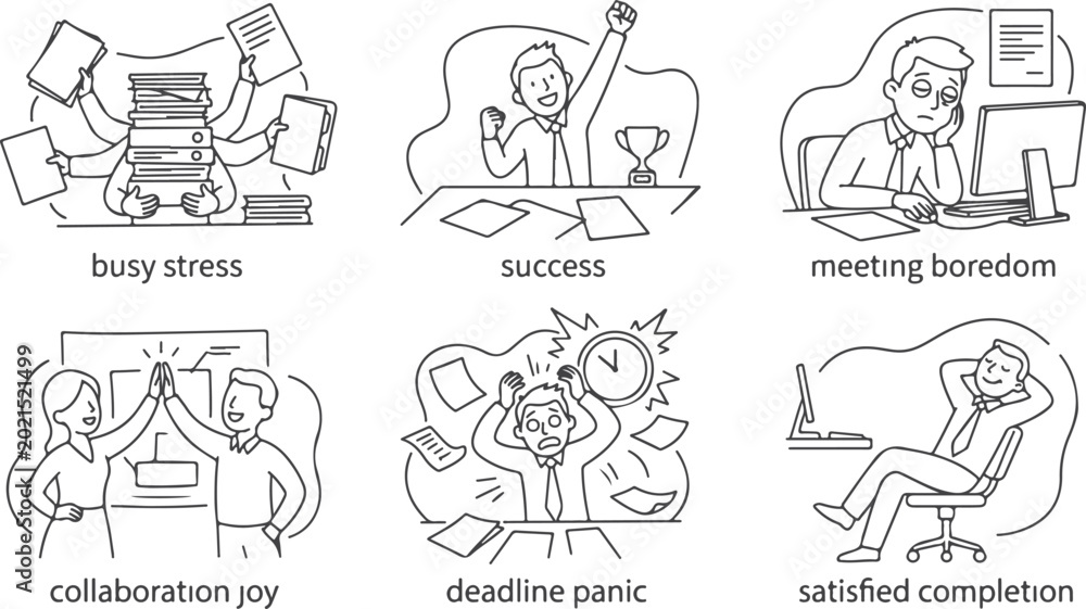 Fototapeta premium Work stress success boredom collaboration panic and completion office life.