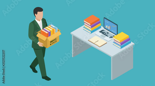 Businessman carrying books and files to office desk, isometric concept