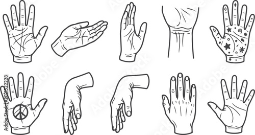 Photos Hand gestures and palmistry symbols for human connection and communication